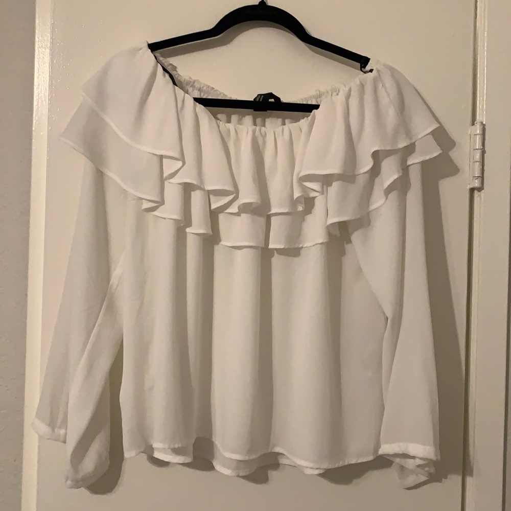 Off the shoulder, ruffle, chiffon shirt!